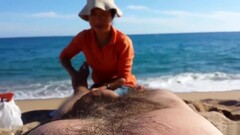 Older Asian bitch massages a guy's hairy legs admiring his big cock Thumb