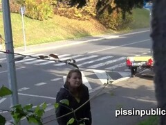 Lovely girls in tight jeans made it still in time to squat down and pee off the road Thumb