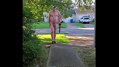 Naked pee and walk front yard car drives by Thumb