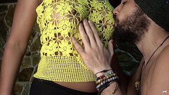 Her tits look incredible through this yellow woven blouse. Playing with her boobs n&#039_ cum on tit Thumb